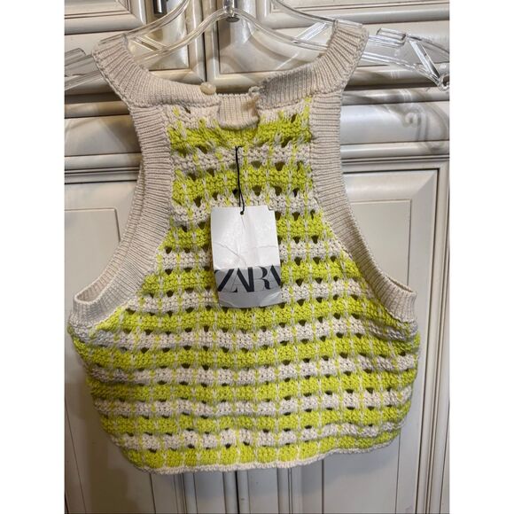 Zara Girls Crochet Open Knit Halter Cropped Top Green Beige Size 11-12 NWT - Picture 7 of 8